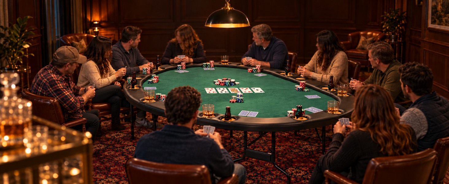 A full group of players around the oval poker table